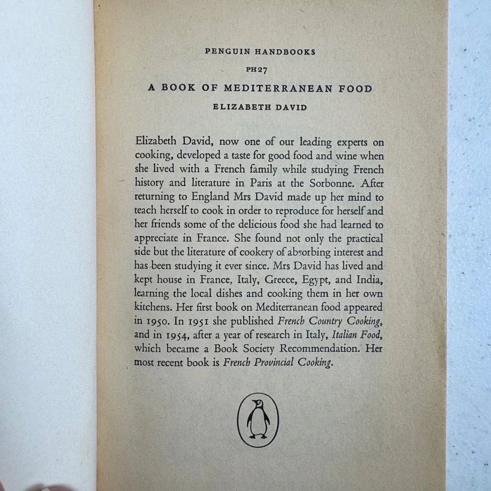 Elizabeth David Penguin Handbook Cookbooks  Mediterranean French Summer‎ Cooking
